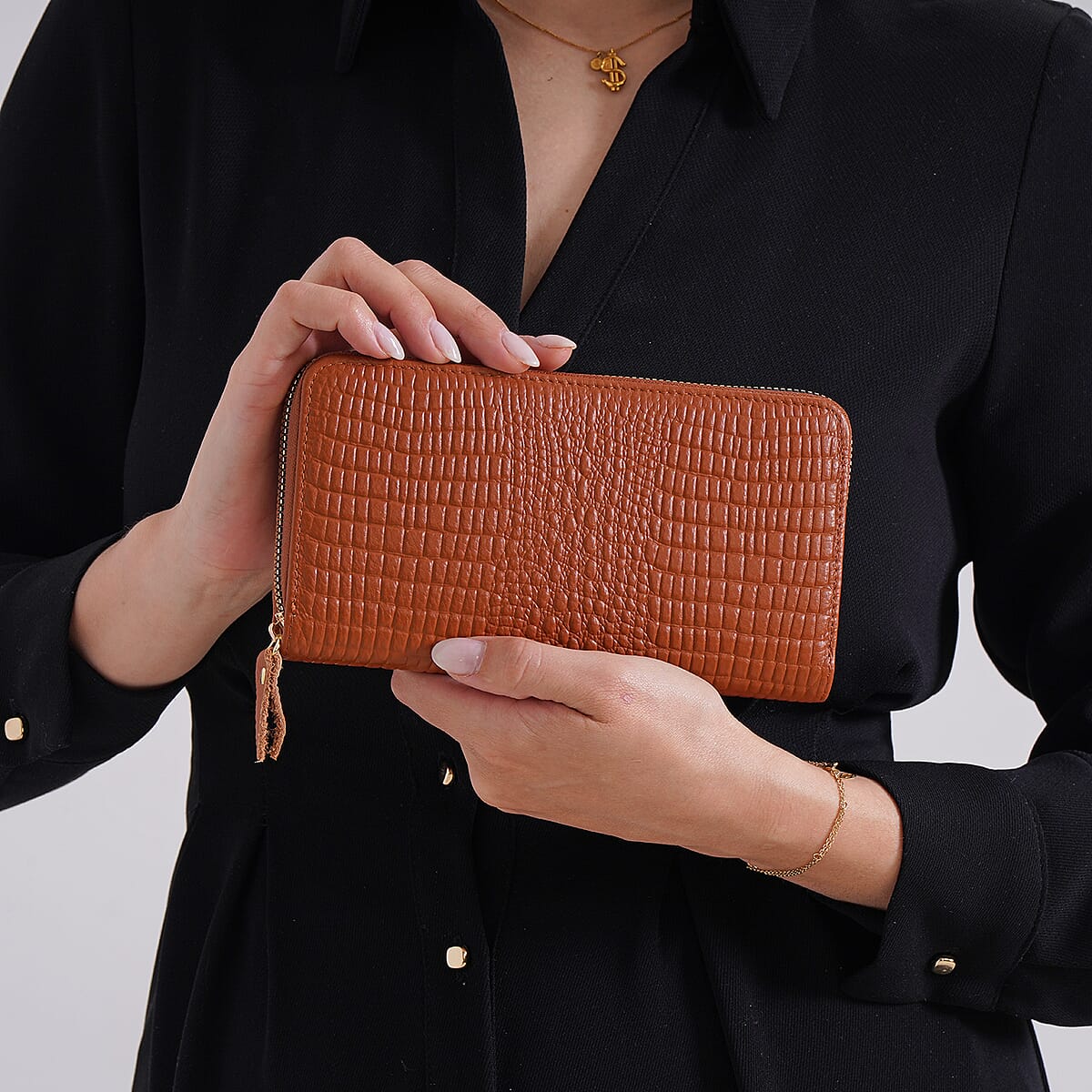 Tan Crocodile Embossed Genuine Leather Wallet image number 2