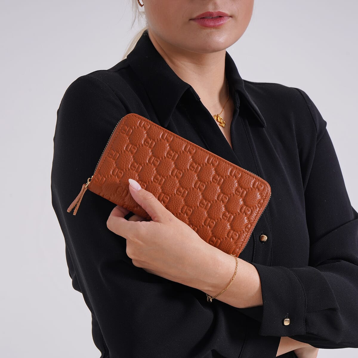 Tan GD Letter Embossed Genuine Leather Wallet image number 2