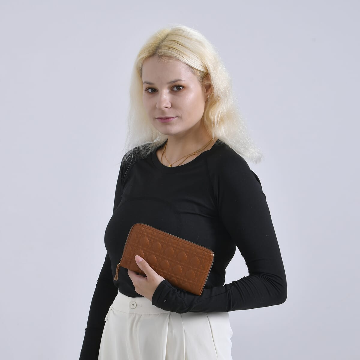 Tan Geometric Embossed Genuine Leather Wallet image number 1