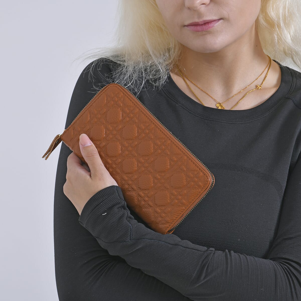Tan Geometric Embossed Genuine Leather Wallet image number 2