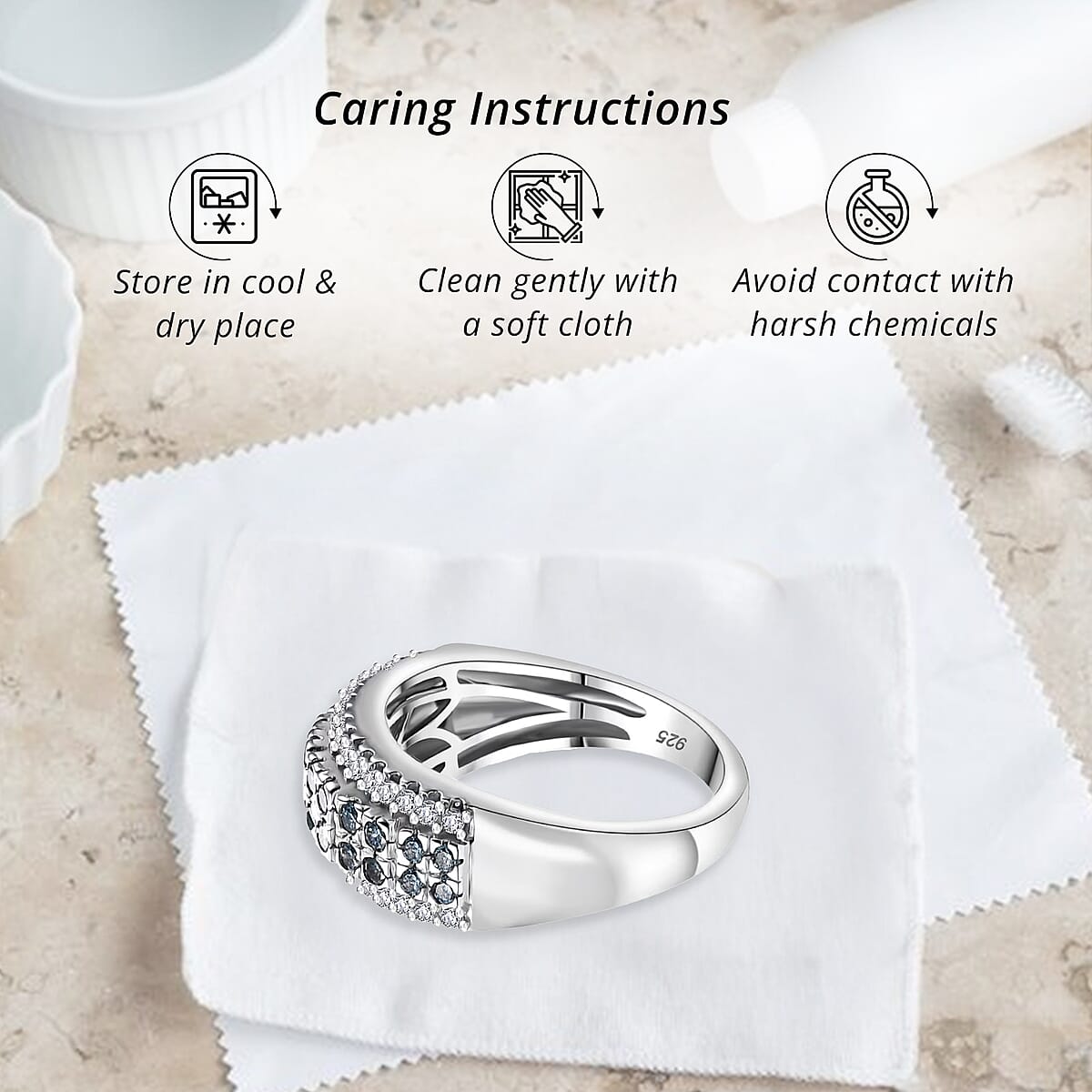 Luxuriant Lab Grown Blue and White Diamond SI 1.00 ctw Ring in Rhodium Over Sterling Silver (Size 9.0) image number 6