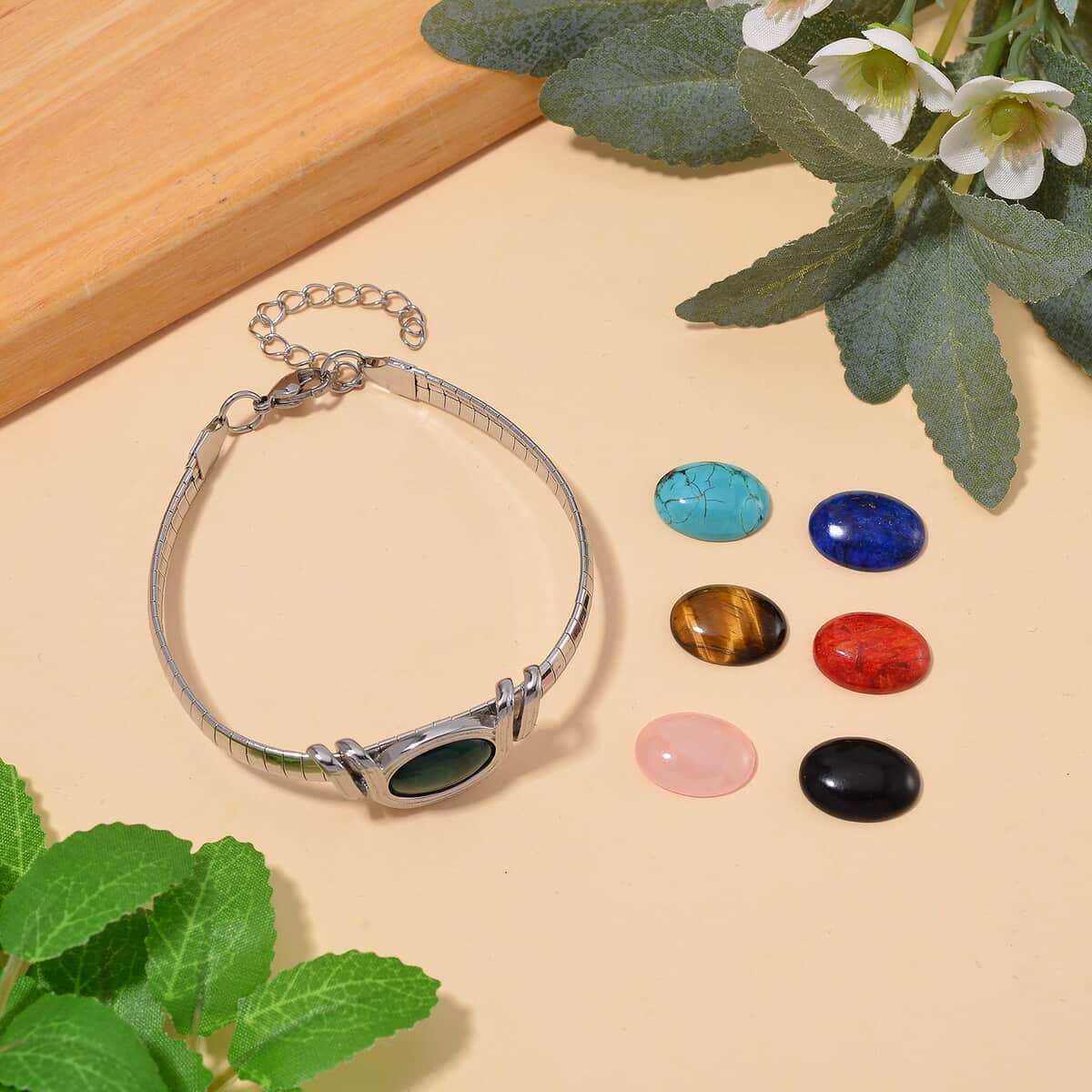 7pcs Interchangeable Multi Gemstone 59.50 ctw Bracelet in Stainless Steel (7.50-9.50In) image number 1