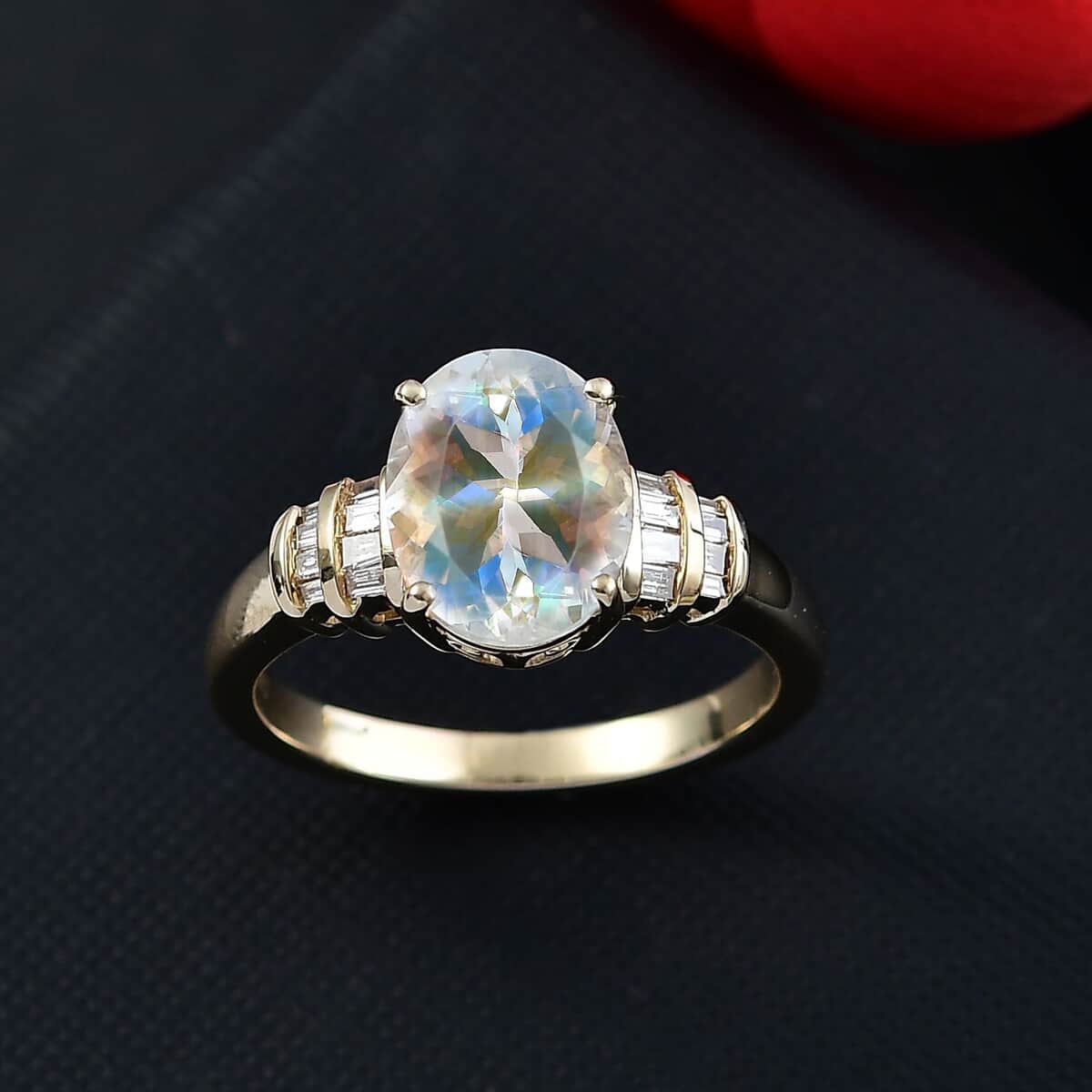 Luxoro AAA Premium Malagasy Moonstone and G-H I2 Diamond 2.50 ctw Ring in 10K Yellow Gold (Size 6.0) image number 1