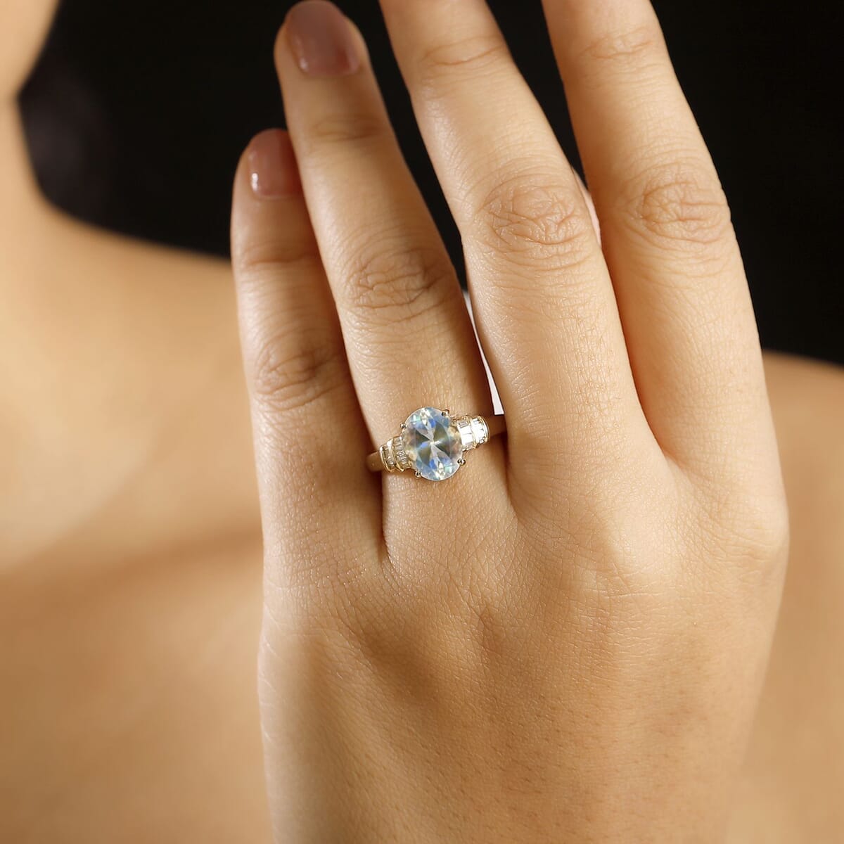 Luxoro AAA Premium Malagasy Moonstone and G-H I2 Diamond 2.50 ctw Ring in 10K Yellow Gold (Size 9.0) image number 2