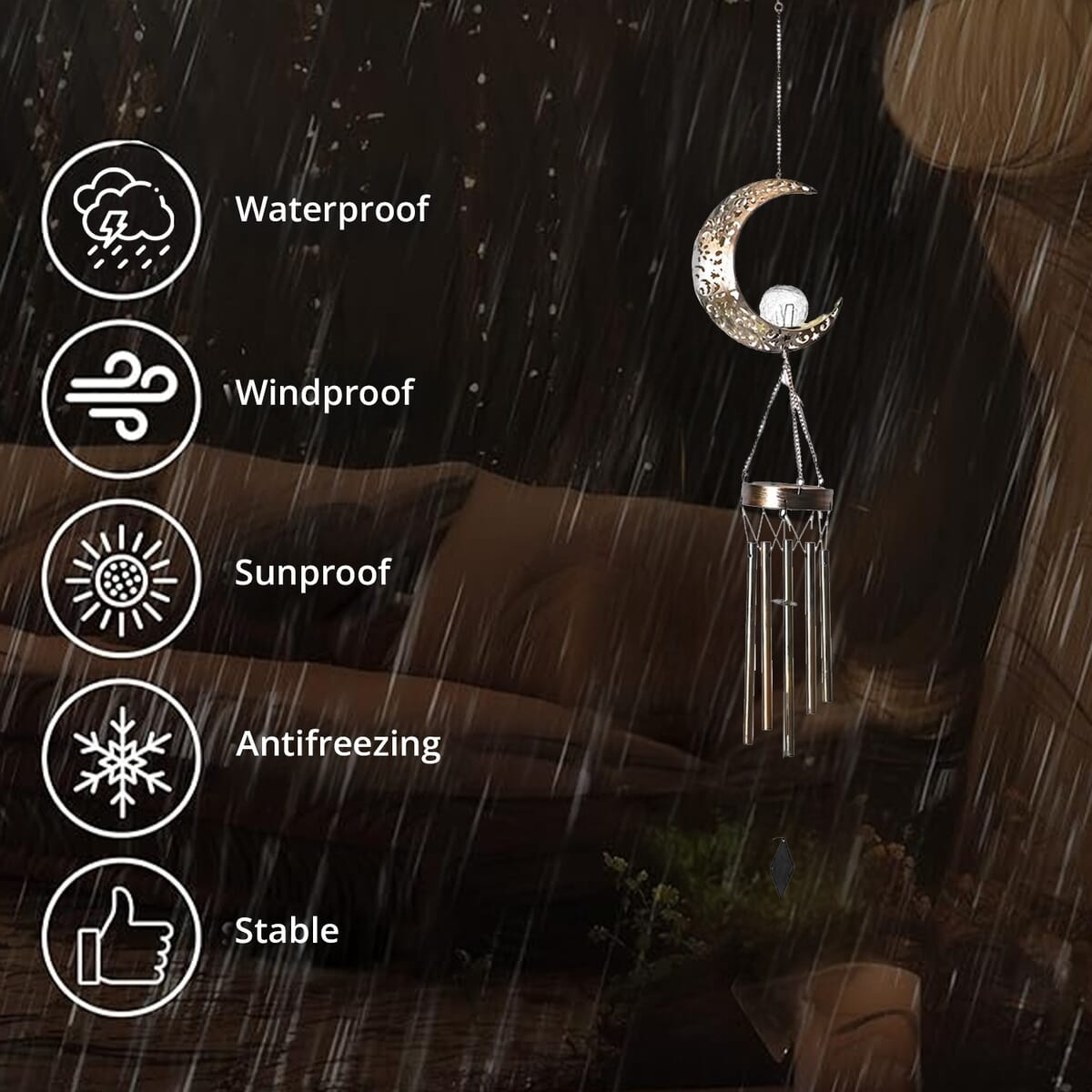 Crescent Moon Solar Wind Chime with 1 Bright LED image number 2