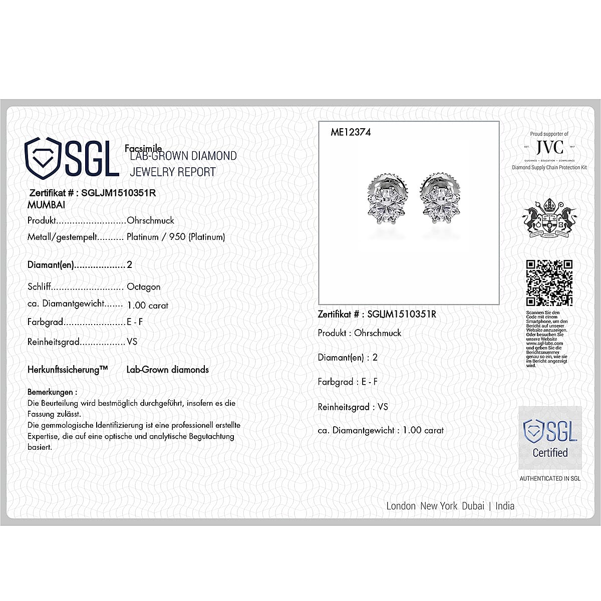 Luxuriant Lab Grown Diamond E-F VS 1.00 ctw Earrings in 950 Platinum