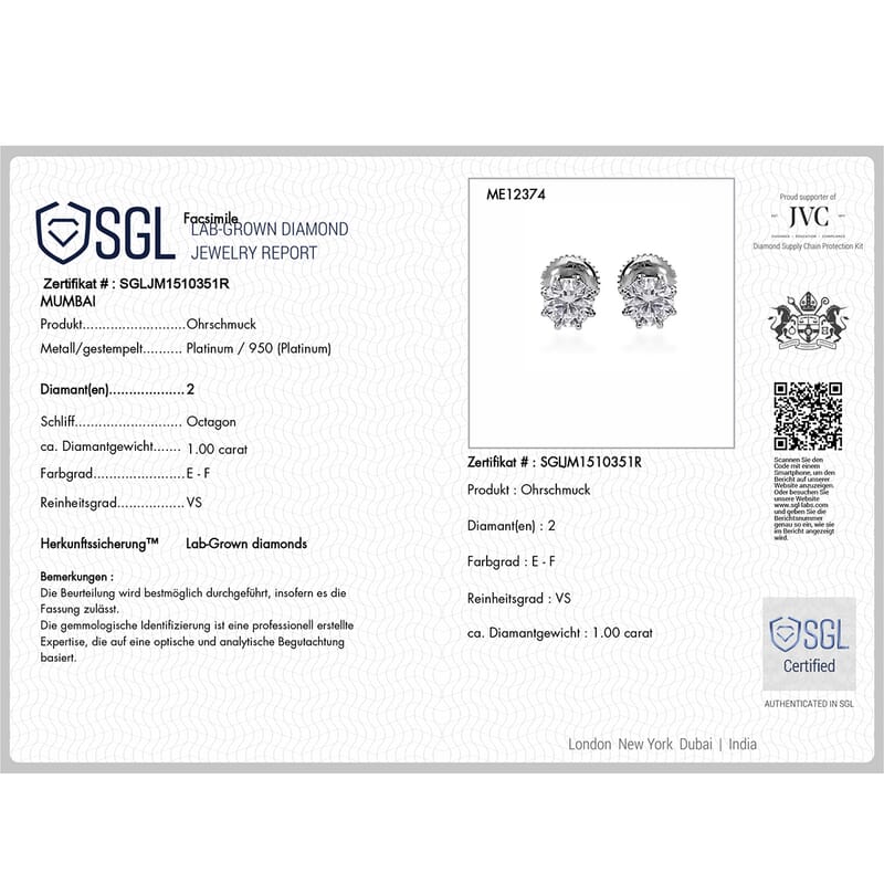 Luxuriant Lab Grown Diamond E-F VS 1.00 ctw Earrings in 950 Platinum