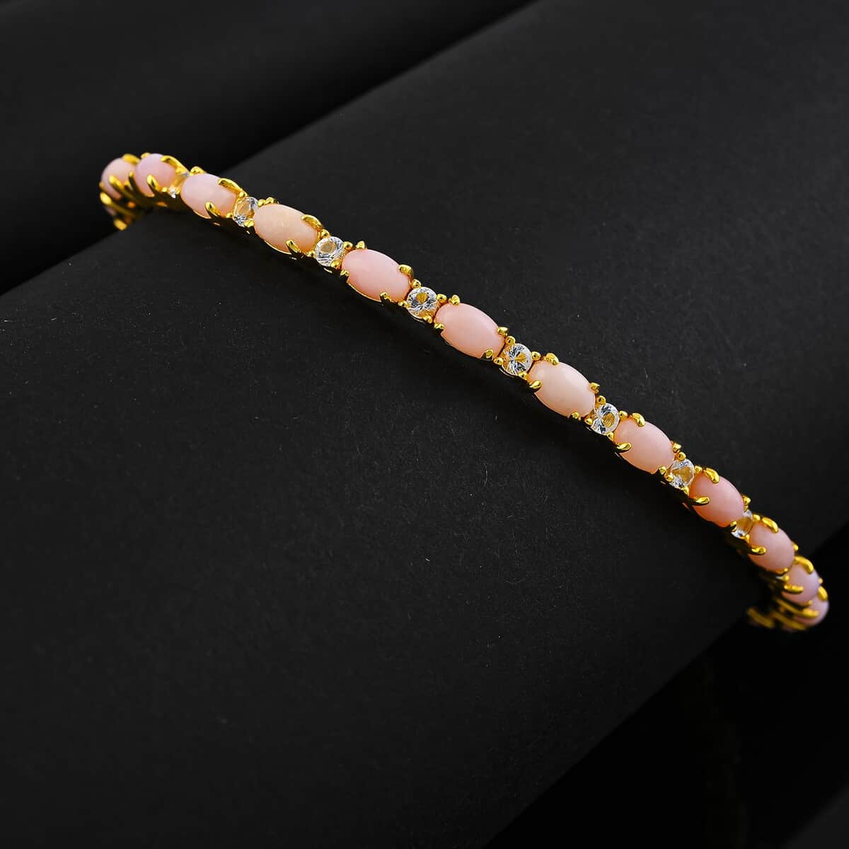 Modani Pink Opal and White Topaz 6.00 ctw Bangle Bracelet (7.25 in) in Vermeil Yellow Gold Over Sterling Silver with 1.5g Titanium Spring image number 1