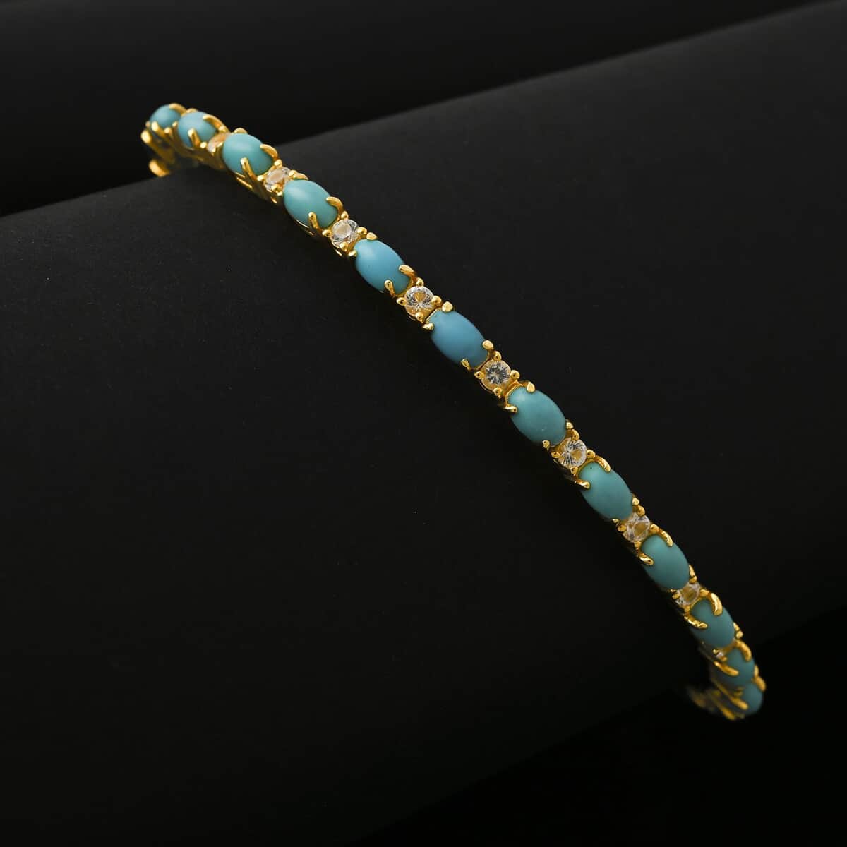 Doorbuster Modani Turquoise and White Topaz 6.00 ctw Bangle Bracelet (7.25 in) in Vermeil YG Over Sterling Silver with 1.5g Titanium Spring image number 1