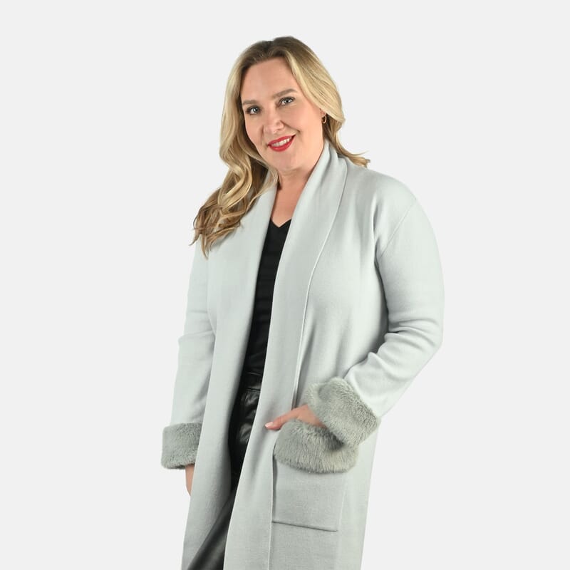Max Sport Ice Blue Luxury Designer Faux Fur Trim Duster with Pockets - S