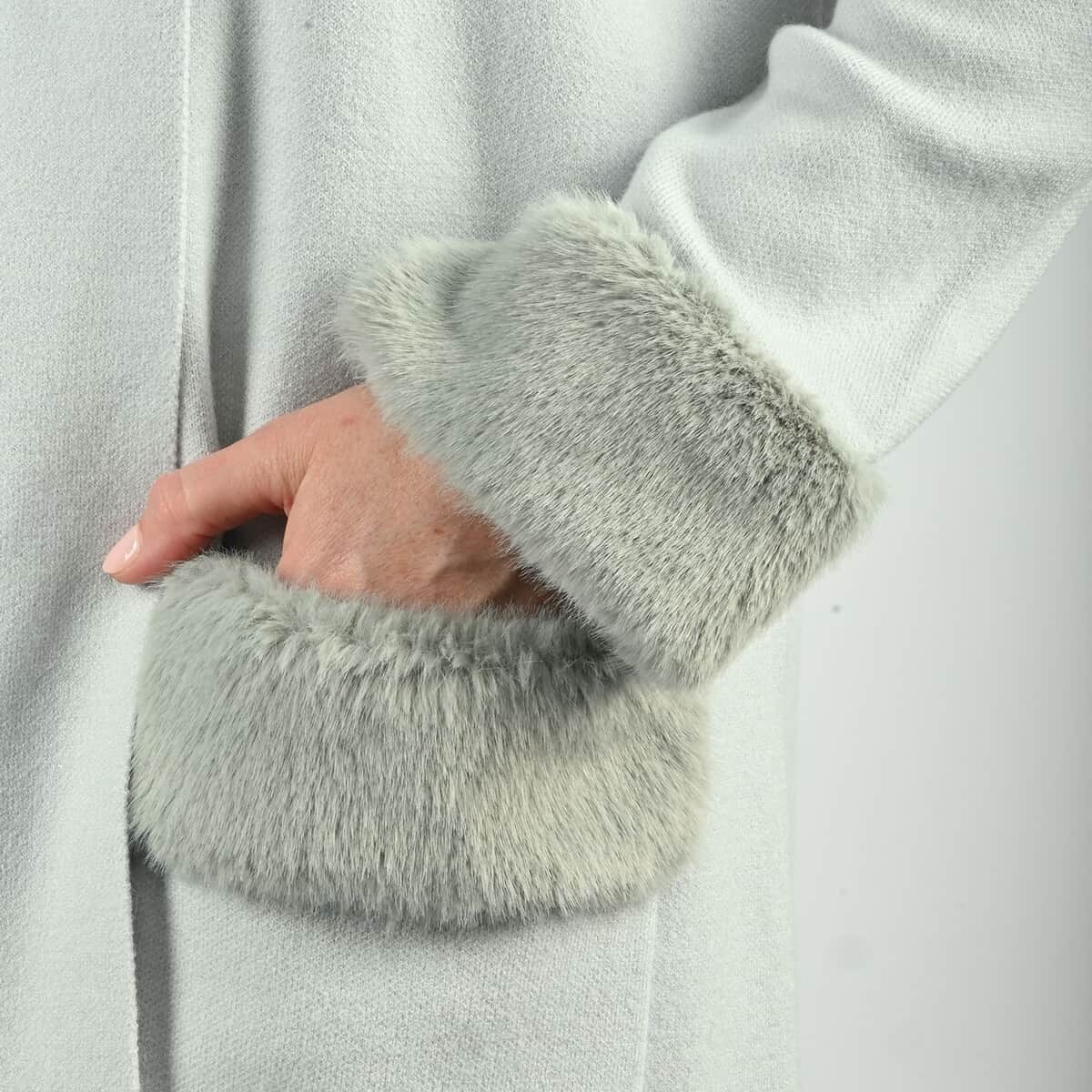 Max Sport Ice Blue Luxury Designer Faux Fur Trim Duster with Pockets - S image number 3