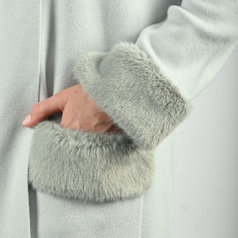 Max Sport Ice Blue Luxury Designer Faux Fur Trim Duster with Pockets - S