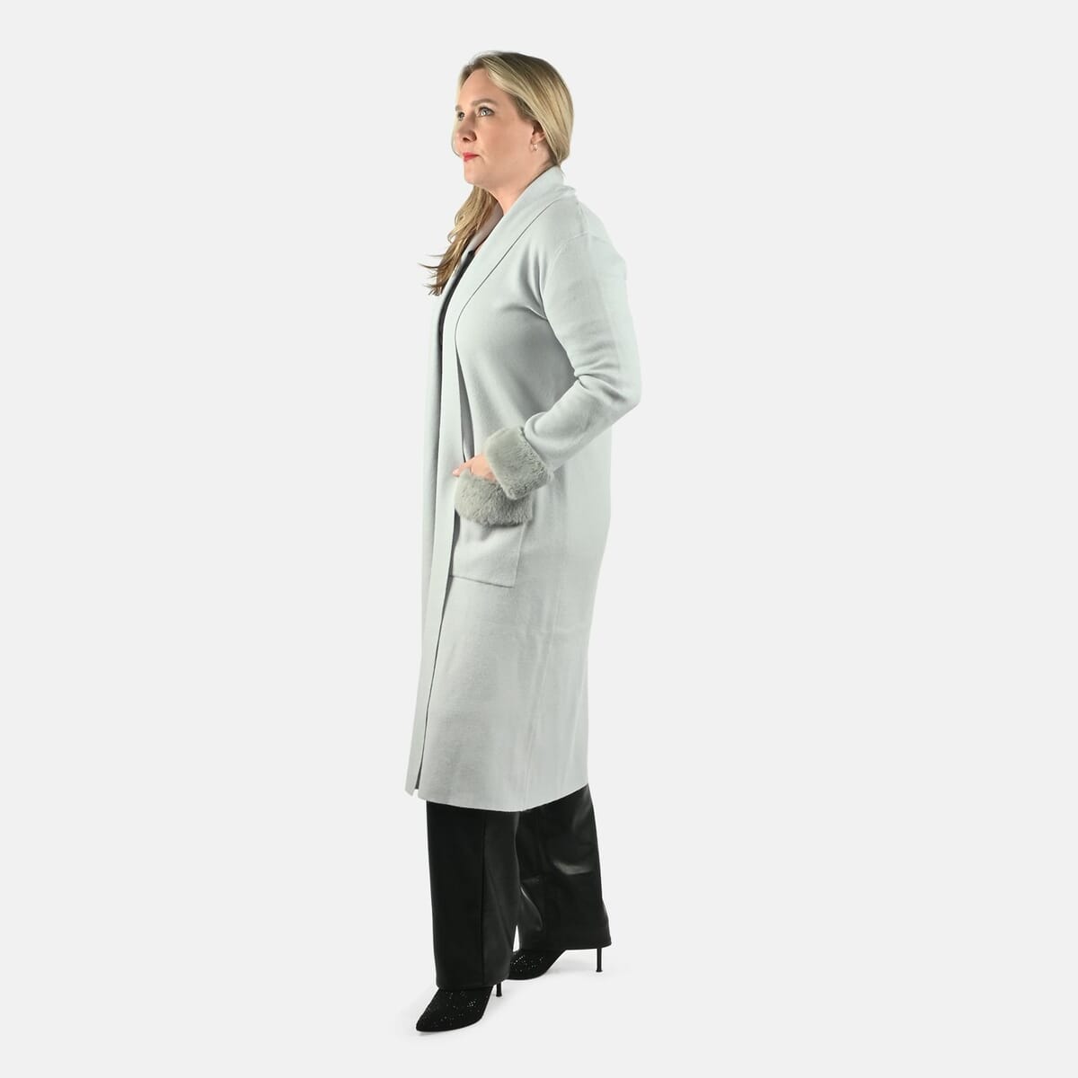 Max Sport Ice Blue Luxury Designer Faux Fur Trim Duster with Pockets - M image number 1