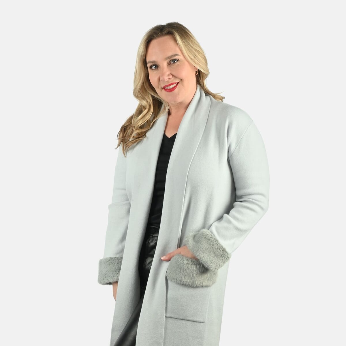 Max Sport Ice Blue Luxury Designer Faux Fur Trim Duster with Pockets - M image number 2