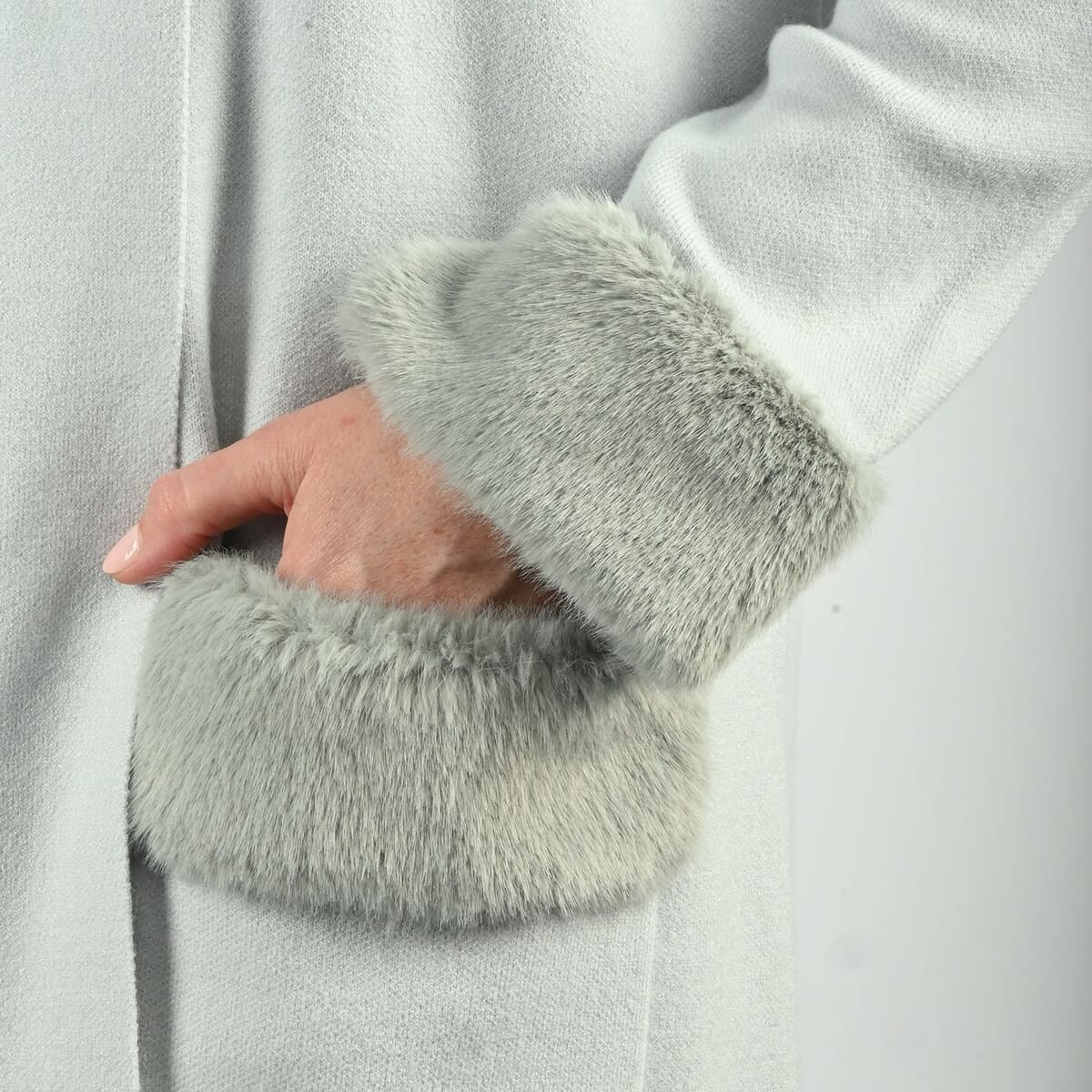 Max Sport Ice Blue Luxury Designer Faux Fur Trim Duster with Pockets - M image number 3