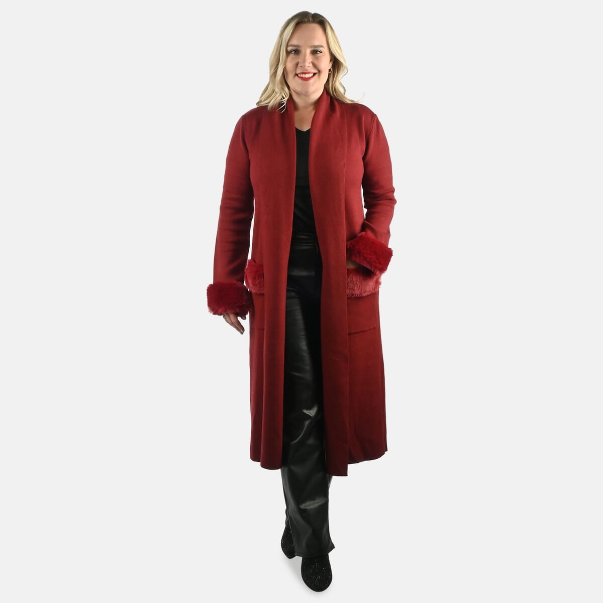 Max Sport Garnet Luxury Designer Faux Fur Trim Duster with Pockets- M image number 0