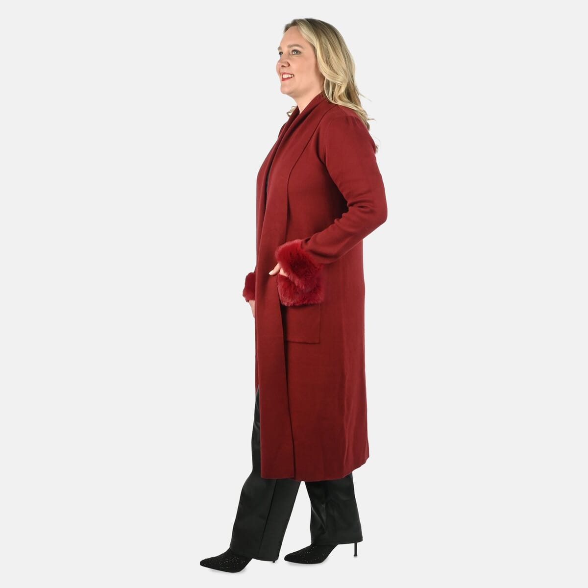 Max Sport Garnet Luxury Designer Faux Fur Trim Duster with Pockets- M image number 2