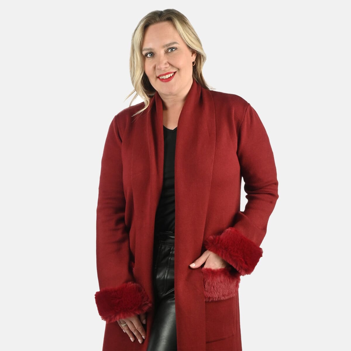 Max Sport Garnet Luxury Designer Faux Fur Trim Duster with Pockets- M image number 3