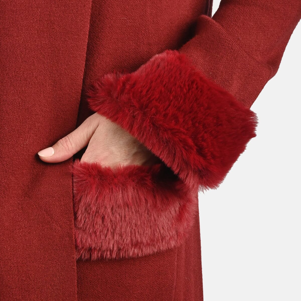 Max Sport Garnet Luxury Designer Faux Fur Trim Duster with Pockets- M image number 4