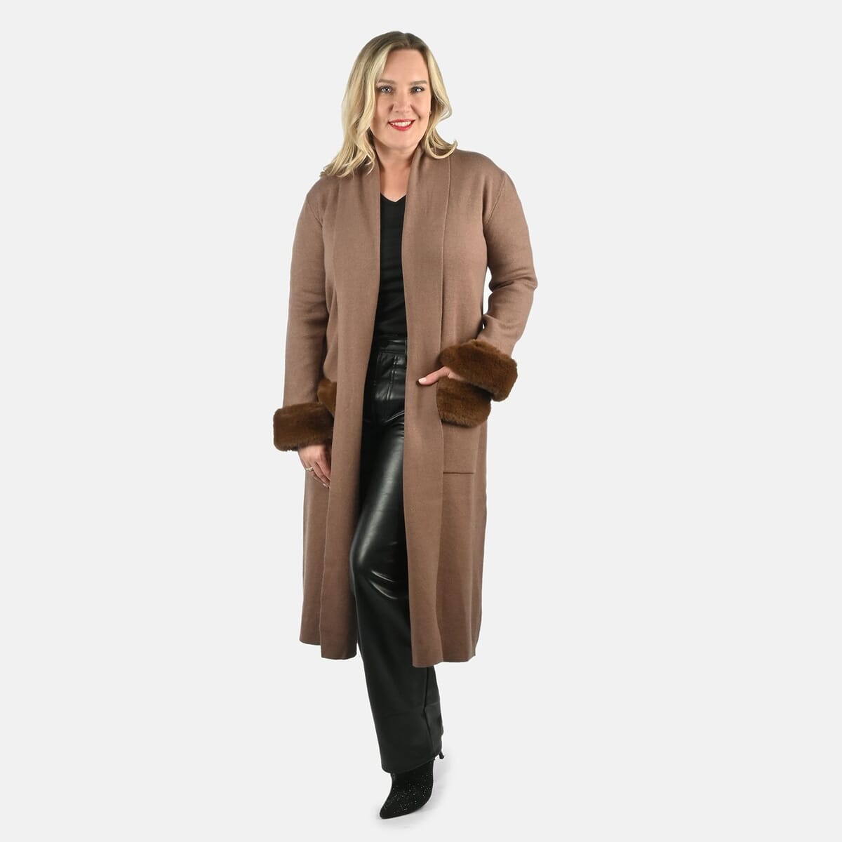 Max Sport Mocha Luxury Designer Faux Fur Trim Duster with Pockets - S image number 0