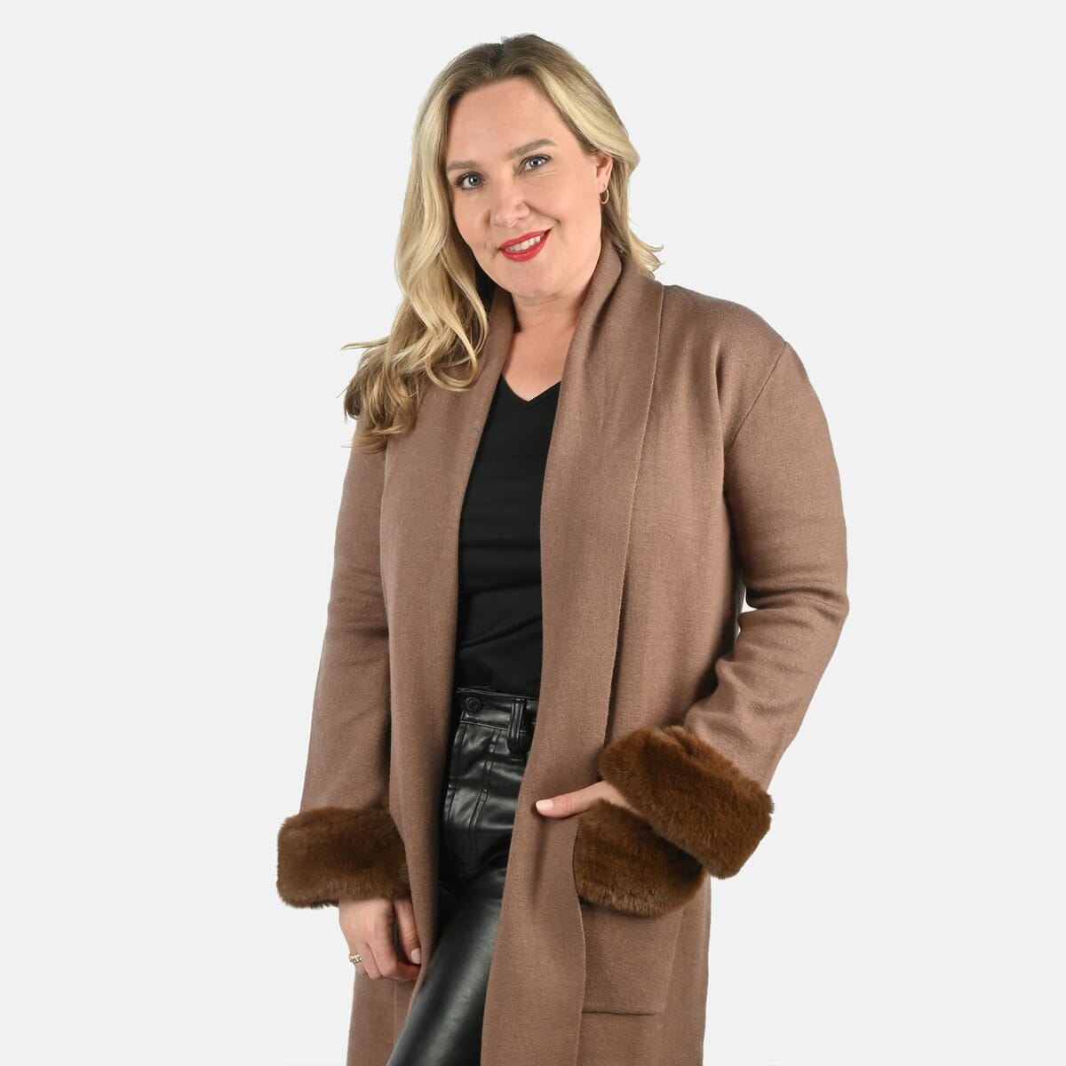 Max Sport Mocha Luxury Designer Faux Fur Trim Duster with Pockets - S image number 2
