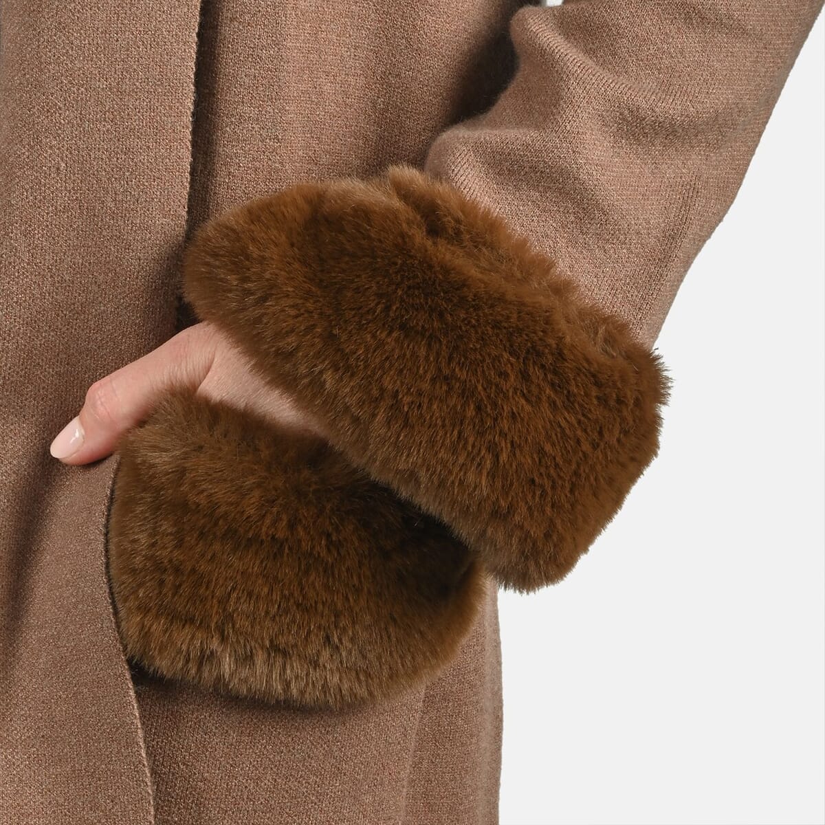 Max Sport Mocha Luxury Designer Faux Fur Trim Duster with Pockets - S image number 3