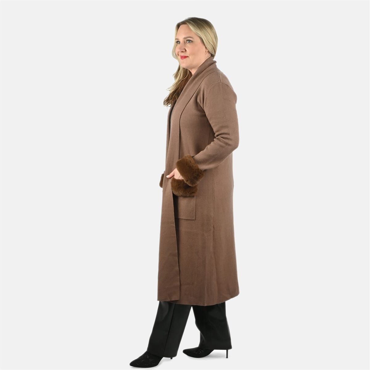 Max Sport Mocha Luxury Designer Faux Fur Trim Duster with Pockets - M image number 1