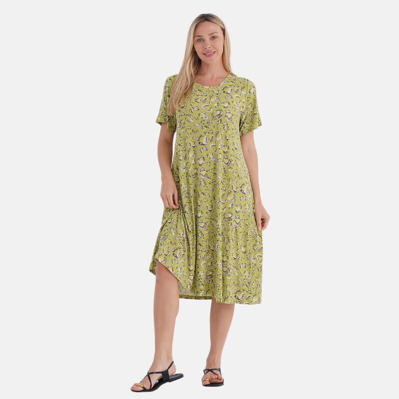 Tamsy Leopard Double Knit Brushed A-Line Dress with Short Sleeves - One Size Fits Most