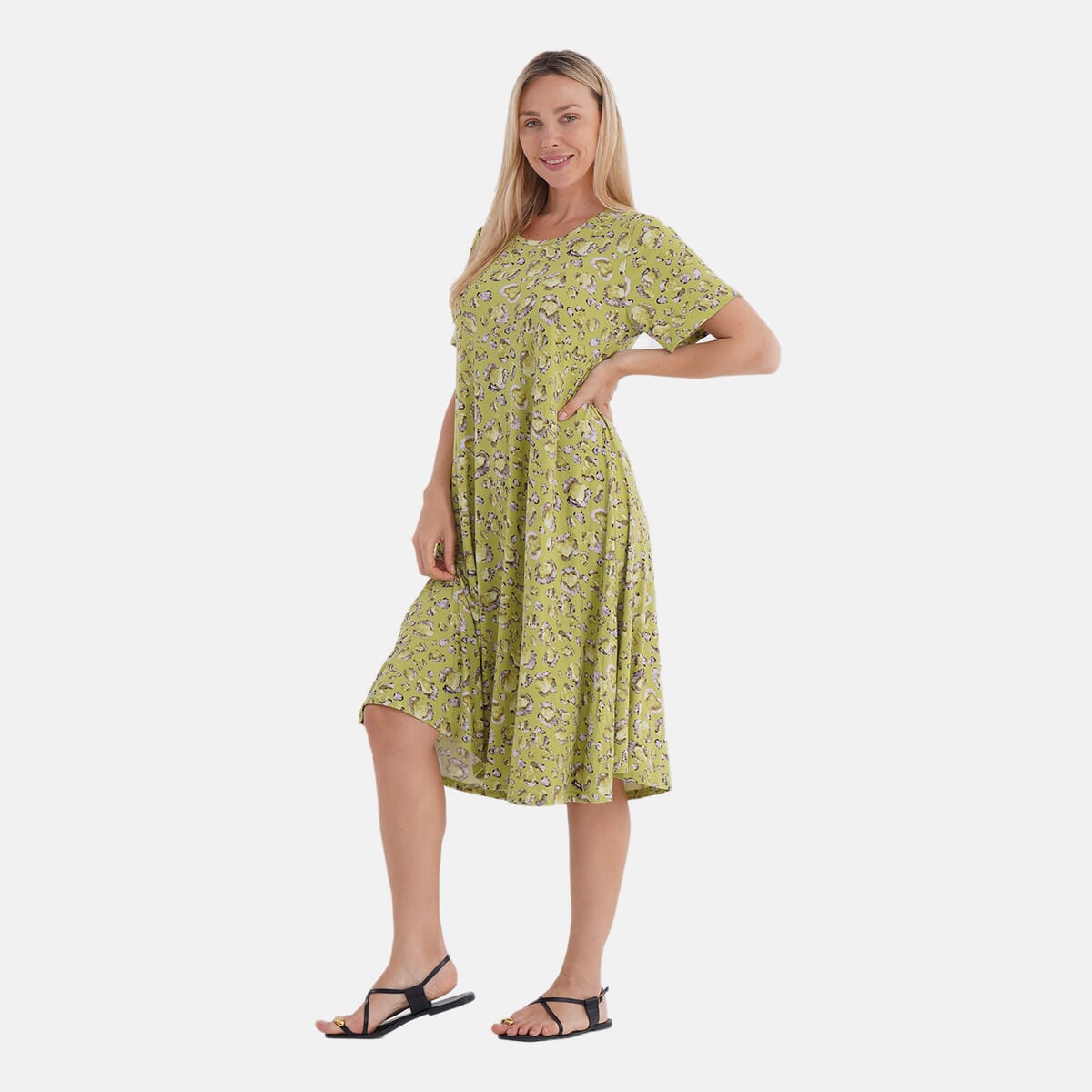 Tamsy Leopard Double Knit Brushed A-Line Dress with Short Sleeves - One Size Fits Most image number 2