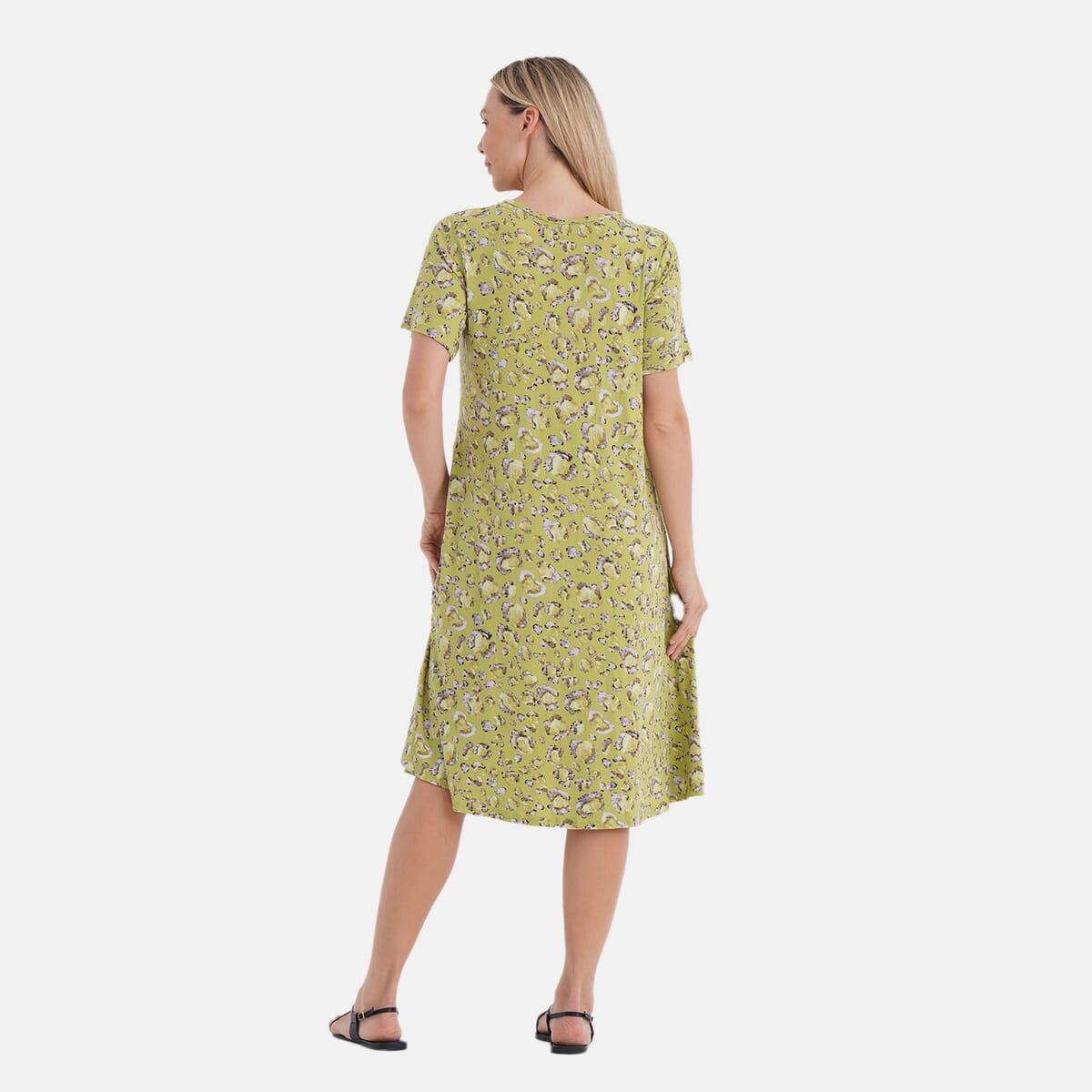 Tamsy Leopard Double Knit Brushed A-Line Dress with Short Sleeves - One Size Fits Most image number 3