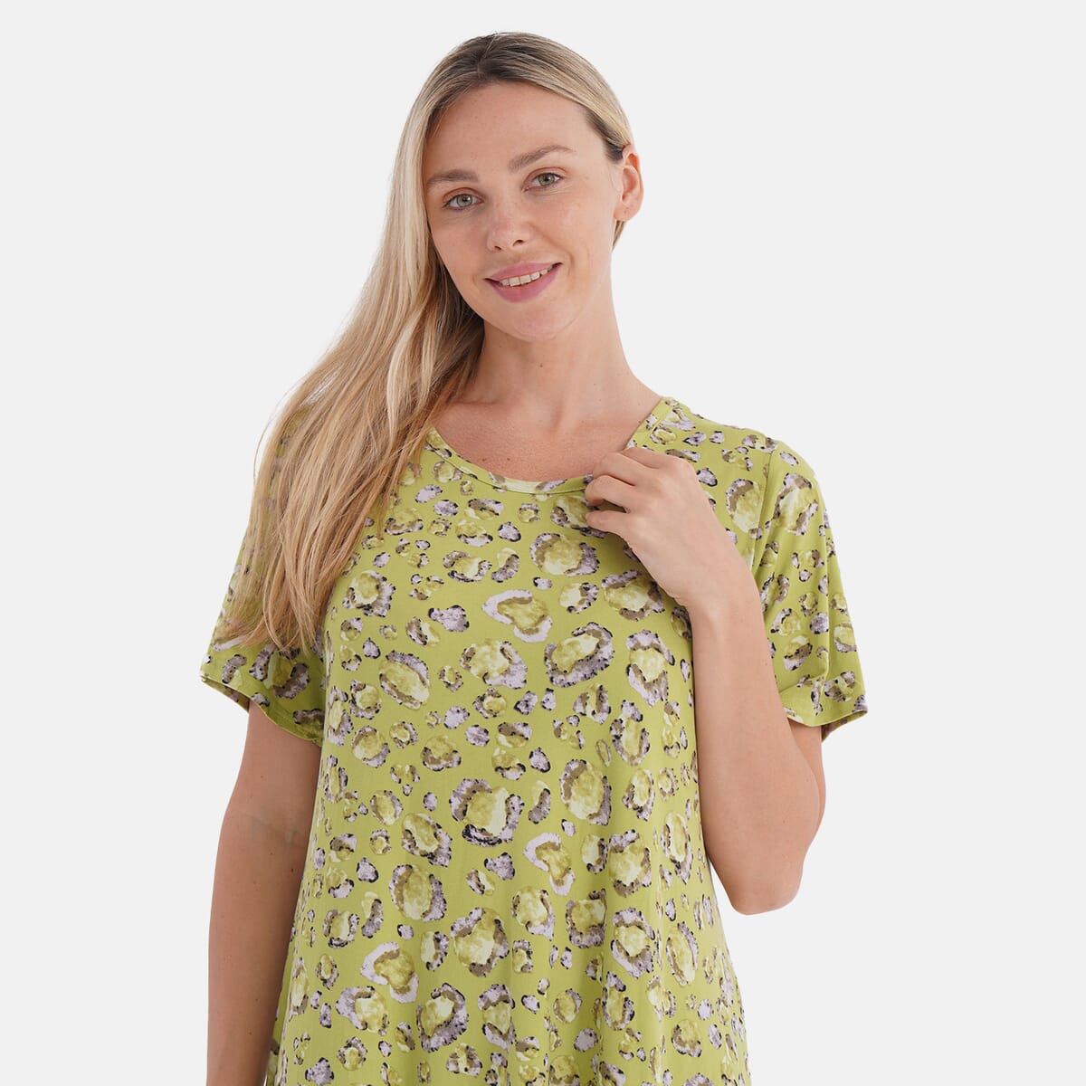 Tamsy Leopard Double Knit Brushed A-Line Dress with Short Sleeves - One Size Fits Most image number 4