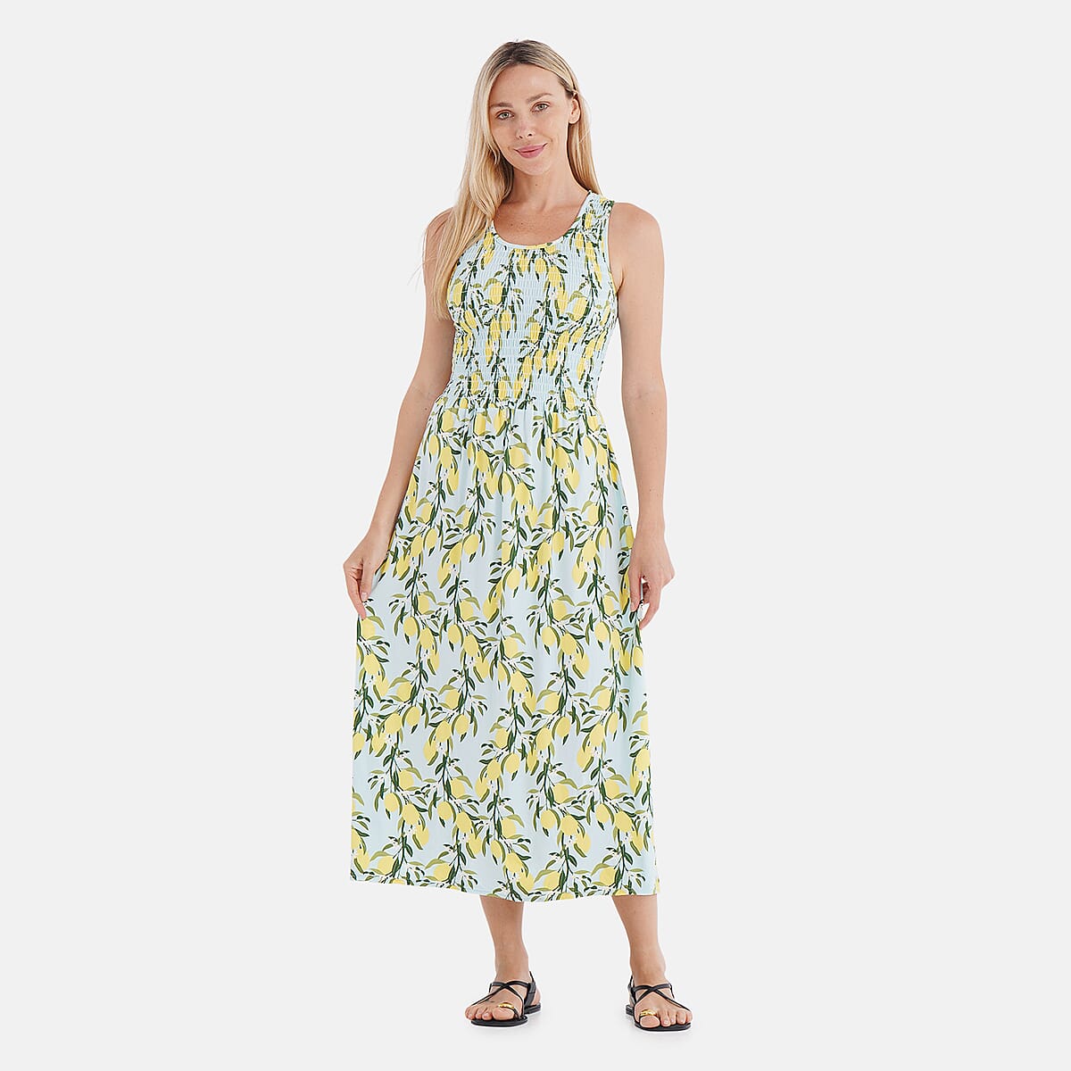 TAMSY Light Blue Lemon Smocked Sleeveless Double Knit Dress with Waist Tie - One Size Fits Most image number 0