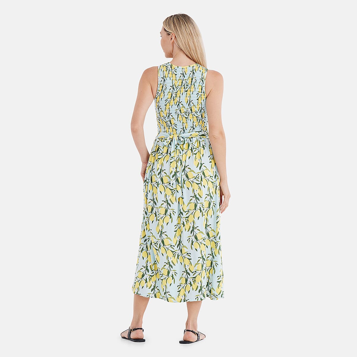 TAMSY Light Blue Lemon Smocked Sleeveless Double Knit Dress with Waist Tie - One Size Fits Most image number 1