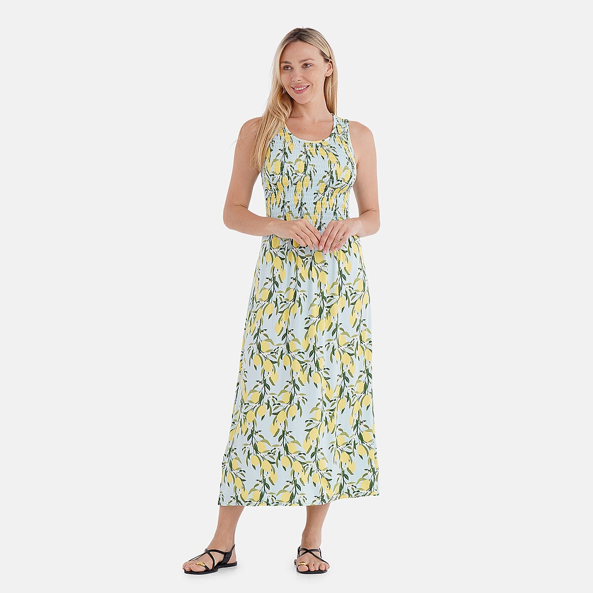 TAMSY Light Blue Lemon Smocked Sleeveless Double Knit Dress with Waist Tie - One Size Fits Most image number 3