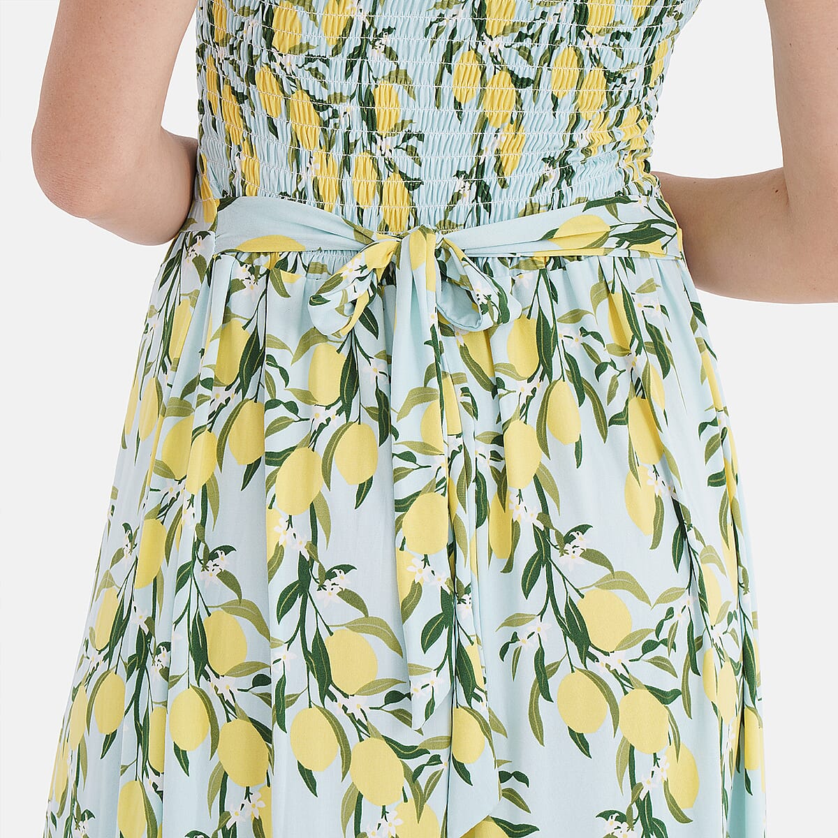 TAMSY Light Blue Lemon Smocked Sleeveless Double Knit Dress with Waist Tie - One Size Fits Most image number 5
