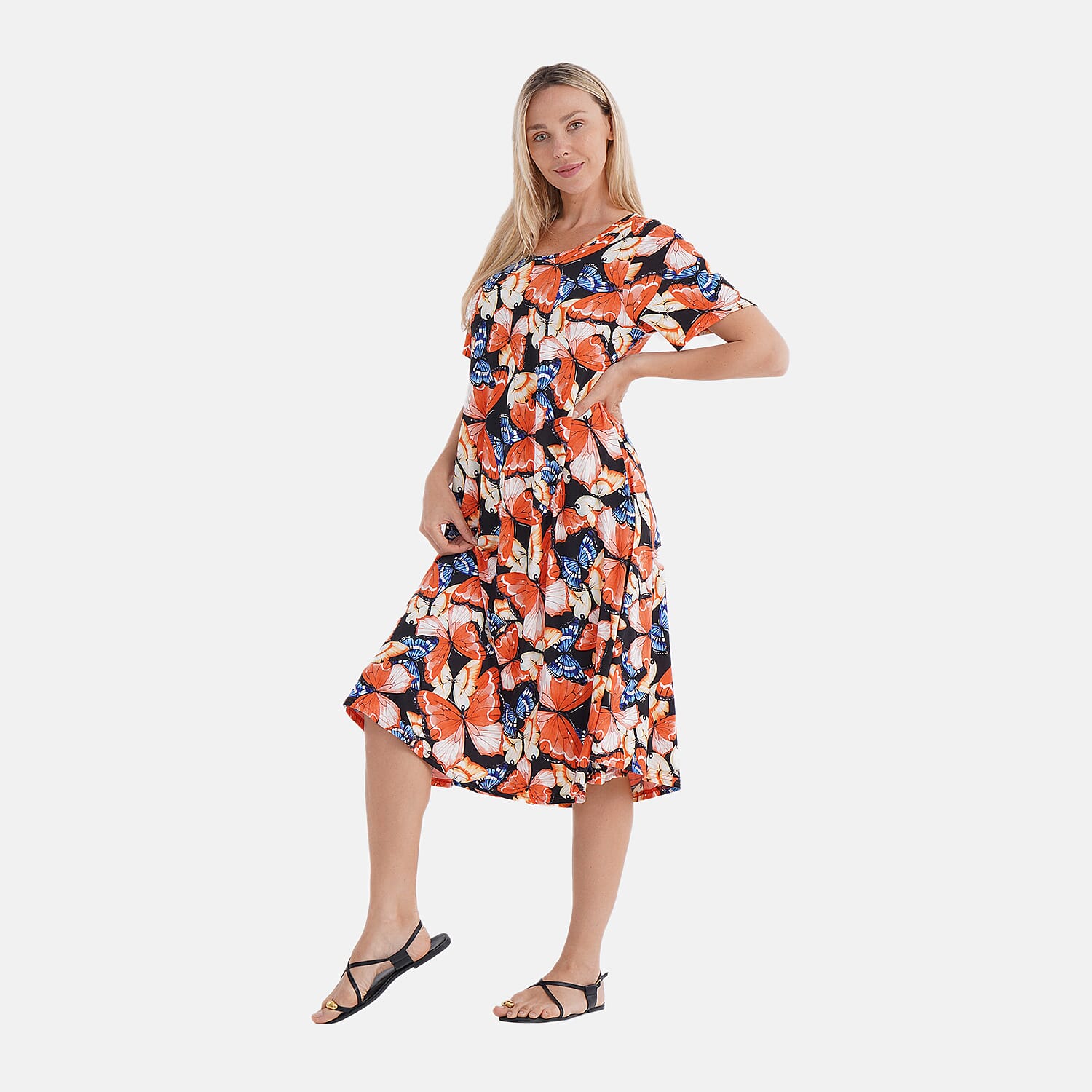 Tamsy Butterfly Double Knit Brushed A-Line Dress with Short Sleeves - One Size Fits Most