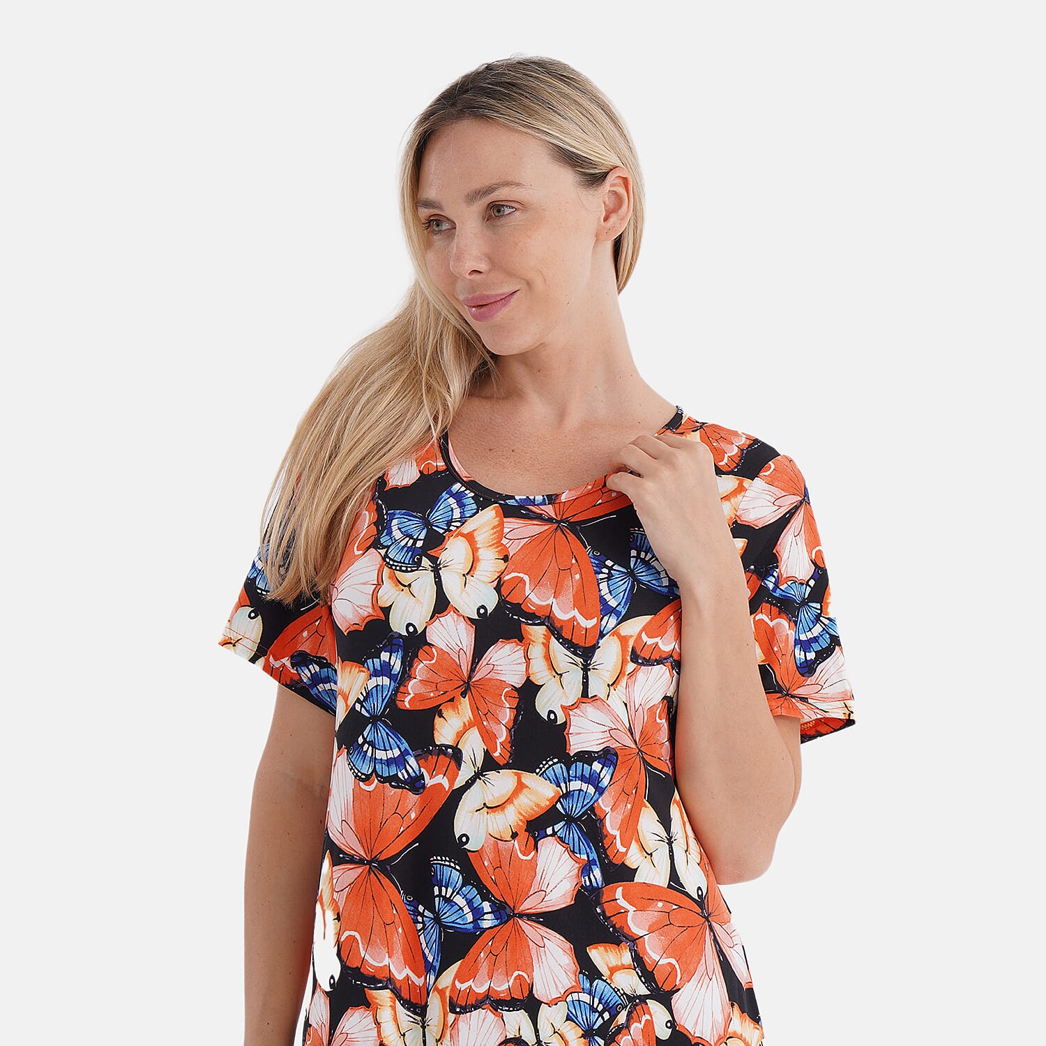 Tamsy Butterfly Double Knit Brushed A-Line Dress with Short Sleeves - One Size Fits Most