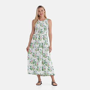 TAMSY Green Cactus Smocked Sleeveless Double Knit Dress with Waist Tie - One Size Fits Most