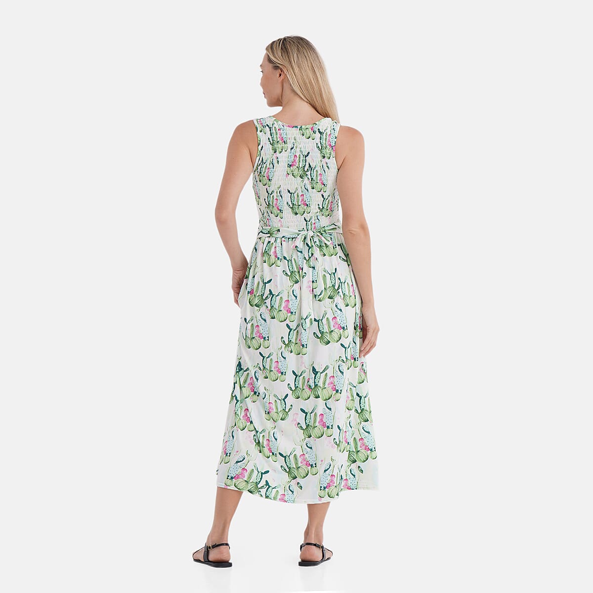 TAMSY Green Cactus Smocked Sleeveless Double Knit Dress with Waist Tie - One Size Fits Most image number 1