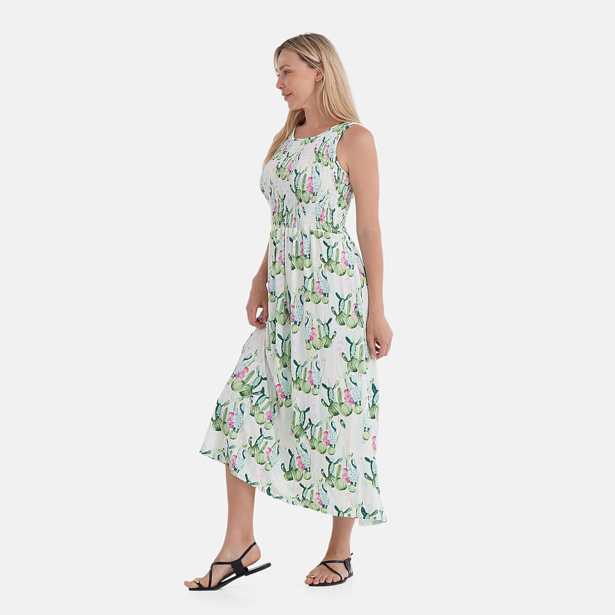 TAMSY Green Cactus Smocked Sleeveless Double Knit Dress with Waist Tie - One Size Fits Most image number 2