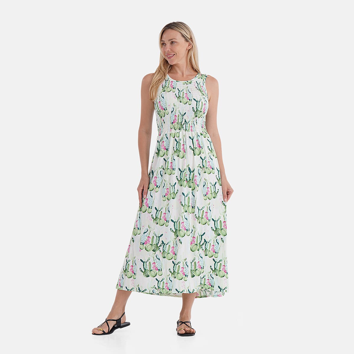 TAMSY Green Cactus Smocked Sleeveless Double Knit Dress with Waist Tie - One Size Fits Most image number 3
