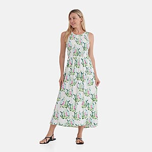 TAMSY Green Cactus Smocked Sleeveless Double Knit Dress with Waist Tie - One Size Fits Most
