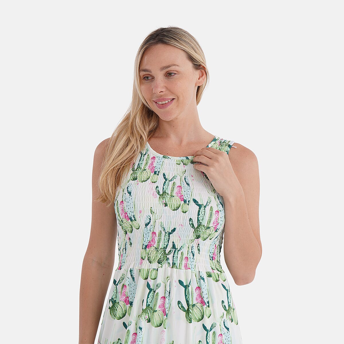 TAMSY Green Cactus Smocked Sleeveless Double Knit Dress with Waist Tie - One Size Fits Most image number 4
