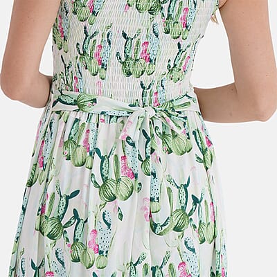 TAMSY Green Cactus Smocked Sleeveless Double Knit Dress with Waist Tie - One Size Fits Most
