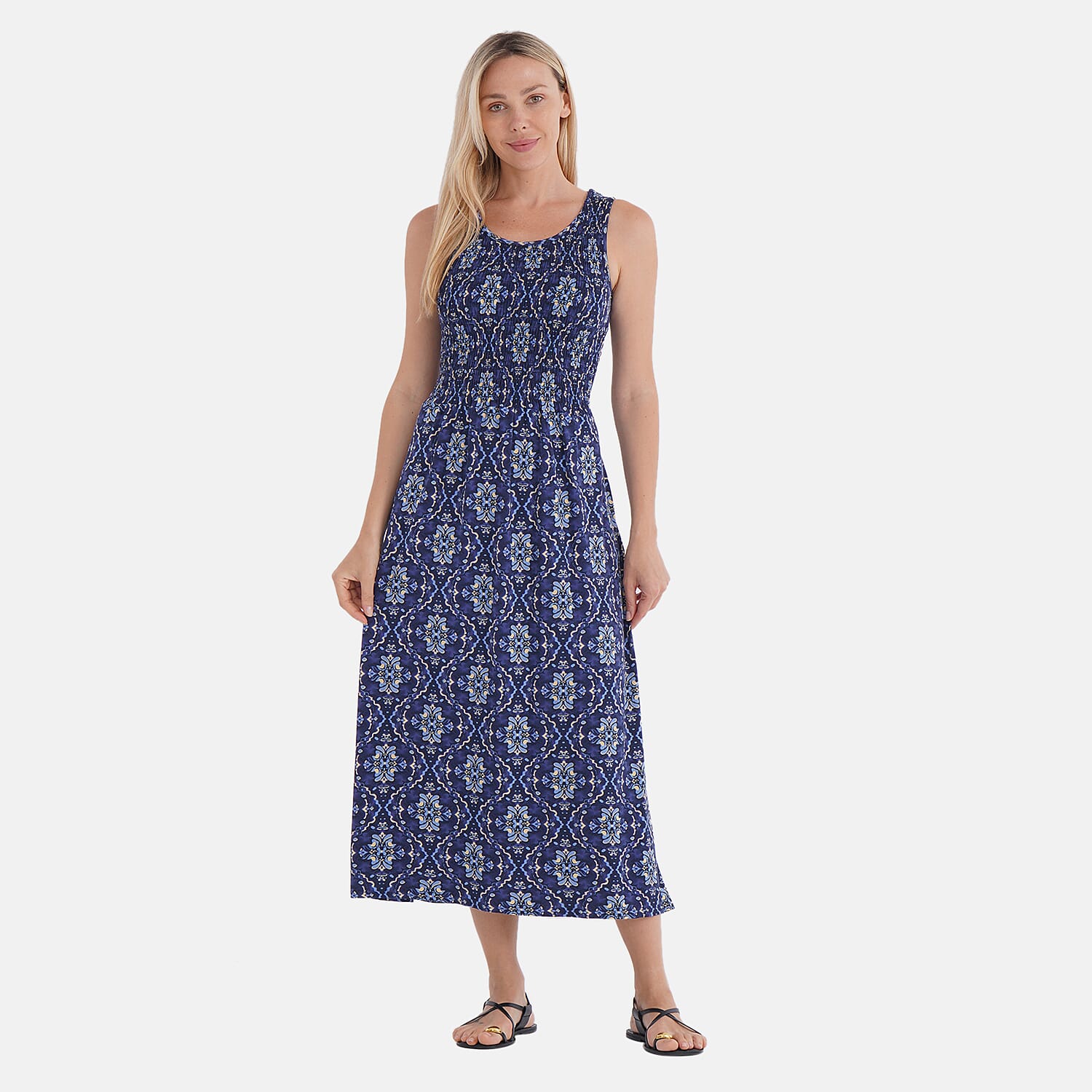 TAMSY Blue Kaleidoscope Smocked Sleeveless Double Knit Dress with Waist Tie - One Size Fits Most