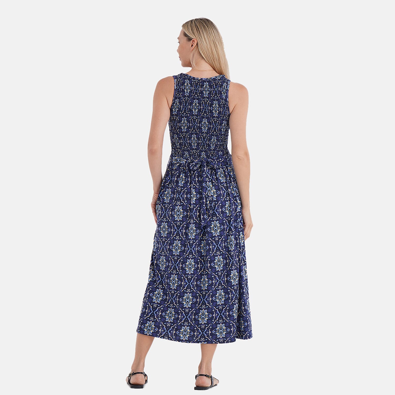 TAMSY Blue Kaleidoscope Smocked Sleeveless Double Knit Dress with Waist Tie - One Size Fits Most