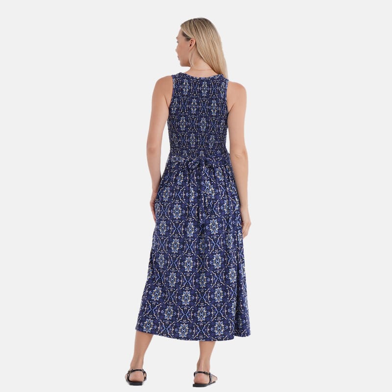 TAMSY Blue Kaleidoscope Smocked Sleeveless Double Knit Dress with Waist Tie - One Size Fits Most