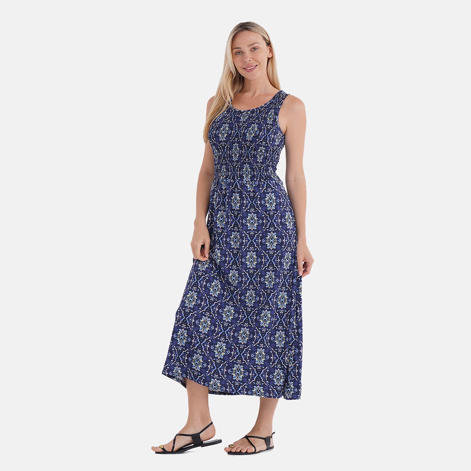TAMSY Blue Kaleidoscope Smocked Sleeveless Double Knit Dress with Waist Tie - One Size Fits Most