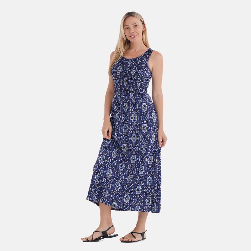 TAMSY Blue Kaleidoscope Smocked Sleeveless Double Knit Dress with Waist Tie - One Size Fits Most