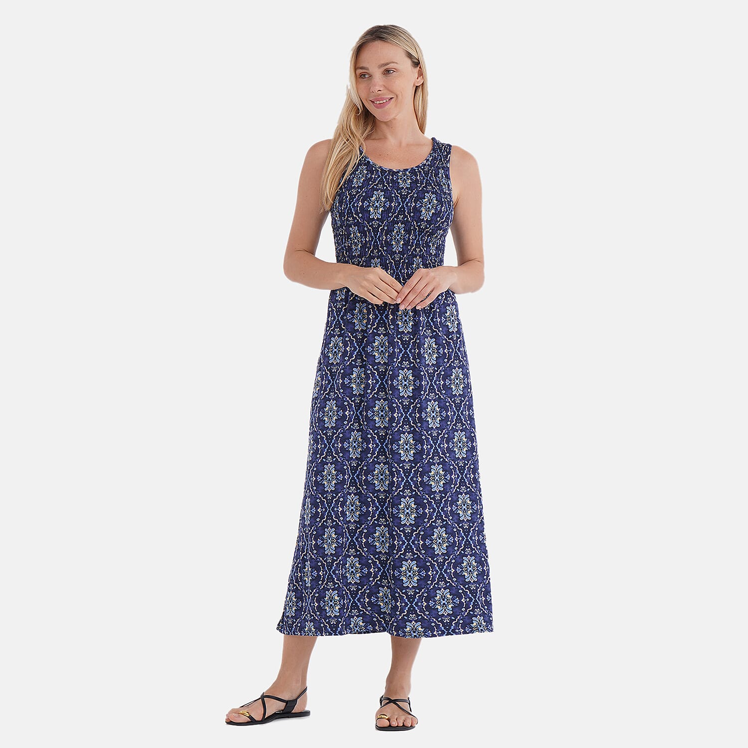 TAMSY Blue Kaleidoscope Smocked Sleeveless Double Knit Dress with Waist Tie - One Size Fits Most